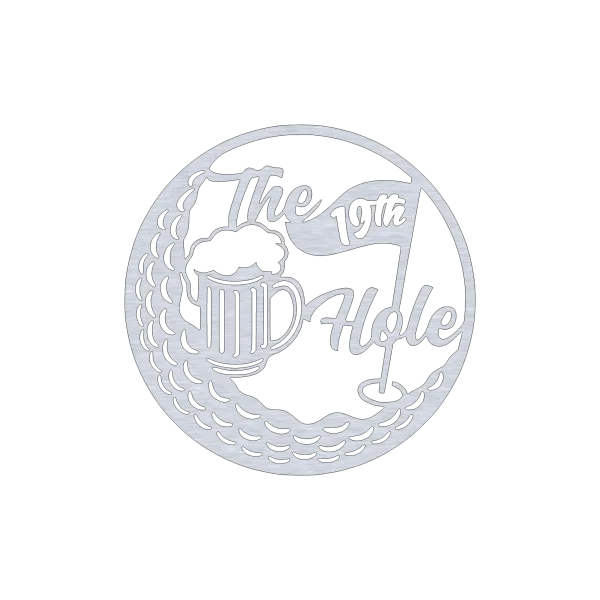 Circular aluminum wall sign with 'The 19th Hole' text, featuring a beer mug with foam and a golf flag. The border has a pattern resembling golf ball dimples, adding a sporty touch. The metallic finish complements recreational spaces.